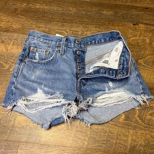 Levi’s 501 Premium Denim Shorts Women 24 Blue Distressed Cut Off Hot Sexy Summer